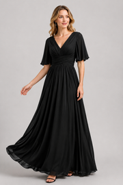 Women's V-Neck Chiffon dress with Floral Appliqué in Dusk