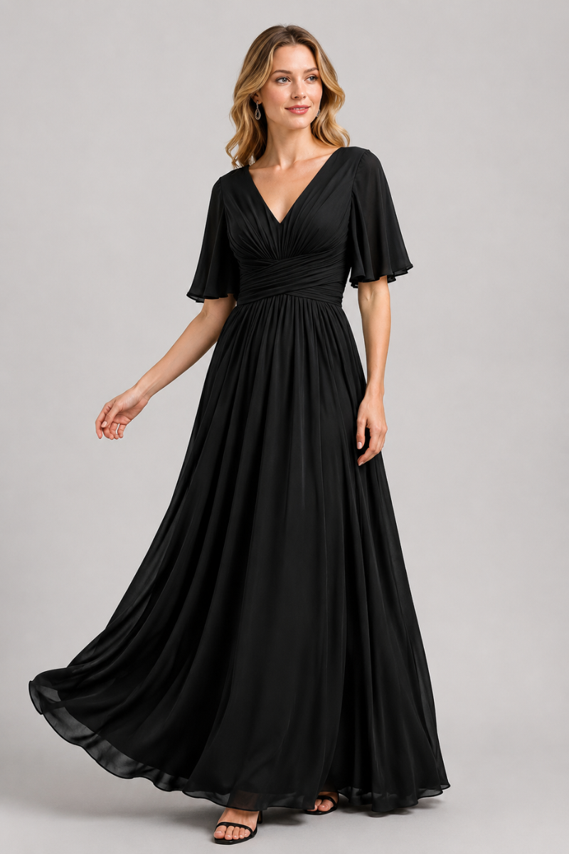 Women's V-Neck Chiffon dress with Floral Appliqué in Dusk