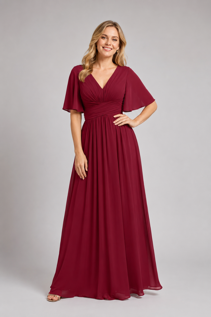 Women's V-Neck Chiffon dress with Floral Appliqué in Dusk