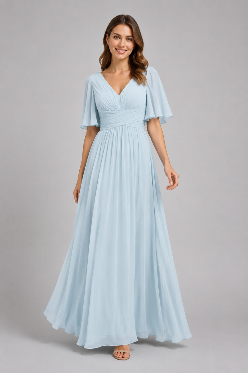 Women's V-Neck Chiffon dress with Floral Appliqué in Dusk