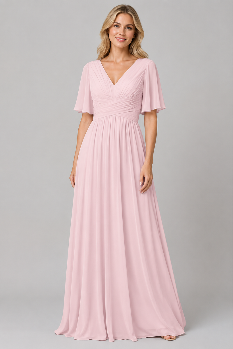 Women's V-Neck Chiffon dress with Floral Appliqué in Dusk