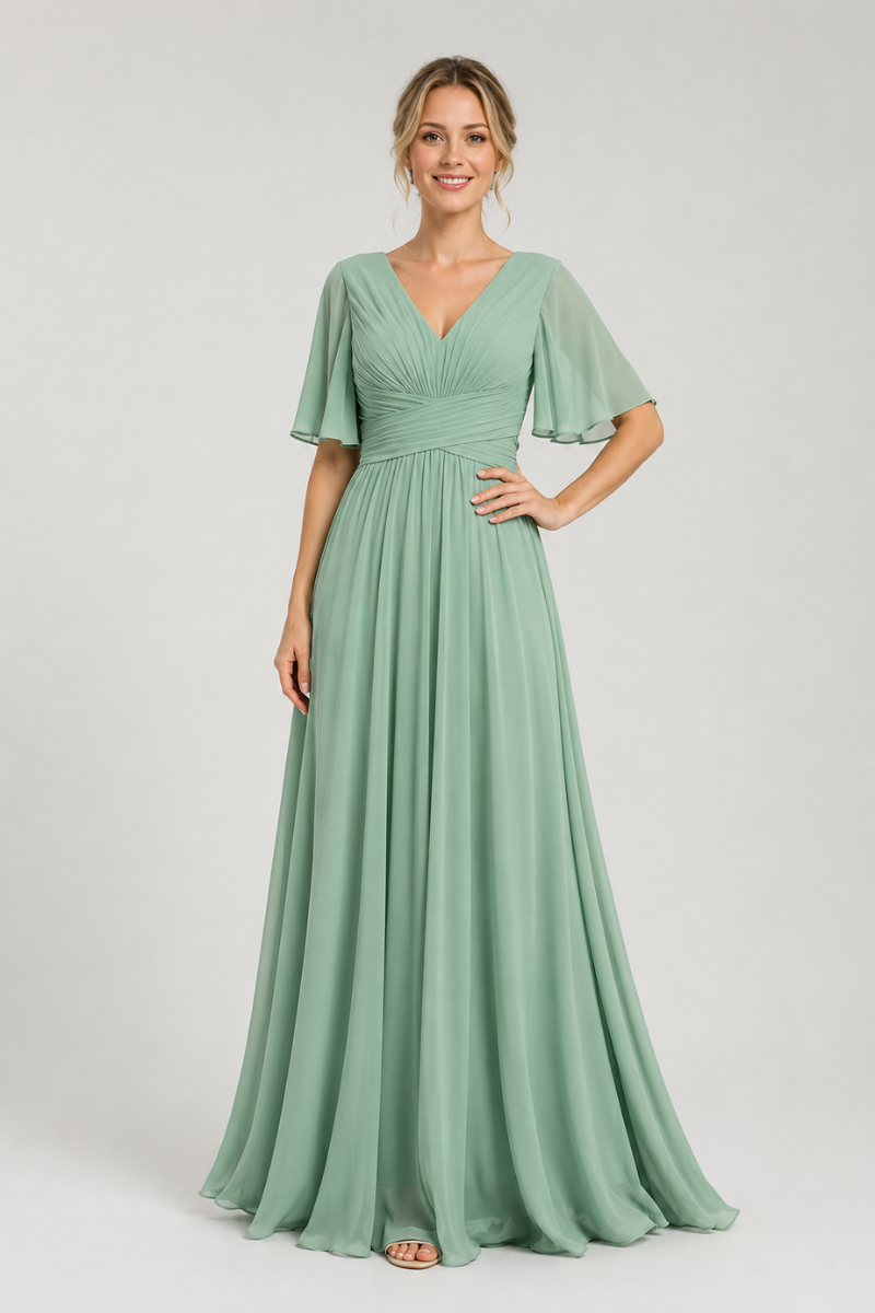 Women's V-Neck Chiffon dress with Floral Appliqué in Dusk