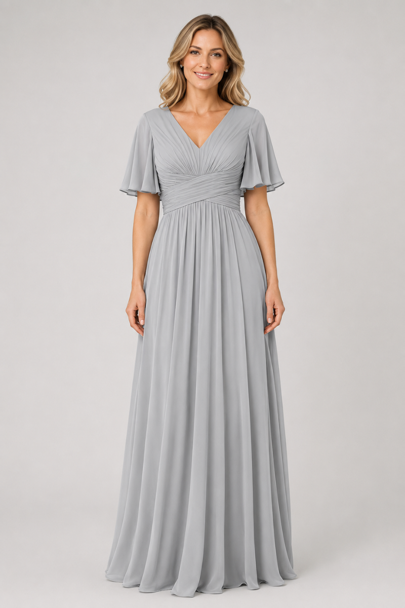 Women's V-Neck Chiffon dress with Floral Appliqué in Dusk