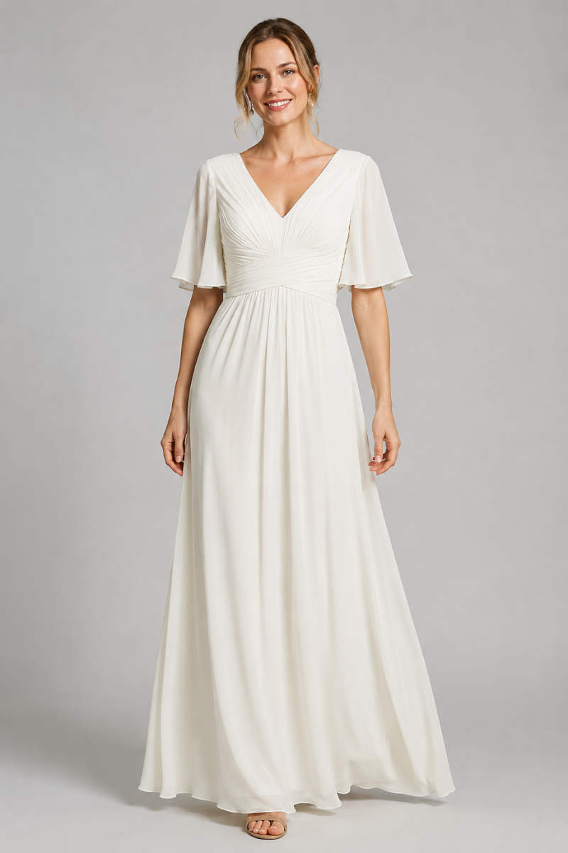 Women's V-Neck Chiffon dress with Floral Appliqué in Dusk