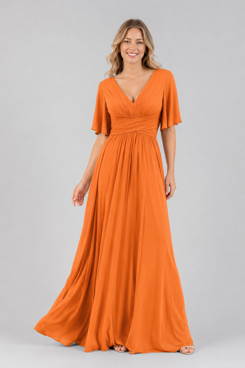Women's V-Neck Chiffon dress with Floral Appliqué in Dusk