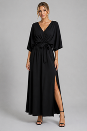 Damen V-Ausschnitt Maxikleid mit Fledermausärmeln, Bindegürtel und seitlichem Schlitz