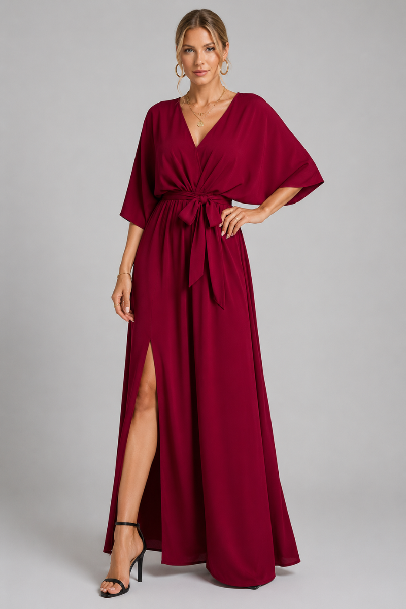 Damen V-Ausschnitt Maxikleid mit Fledermausärmeln, Bindegürtel und seitlichem Schlitz