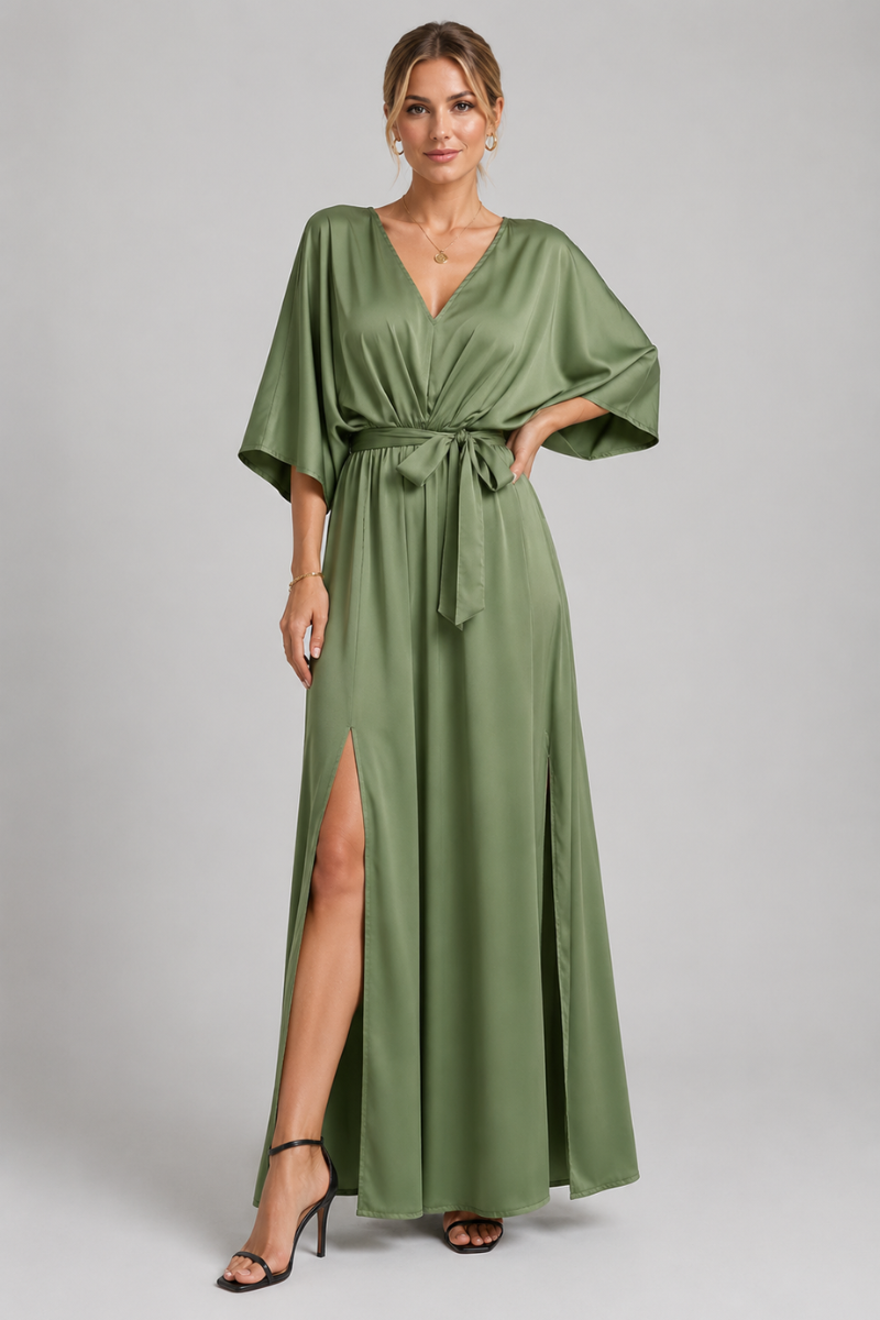 Damen V-Ausschnitt Maxikleid mit Fledermausärmeln, Bindegürtel und seitlichem Schlitz