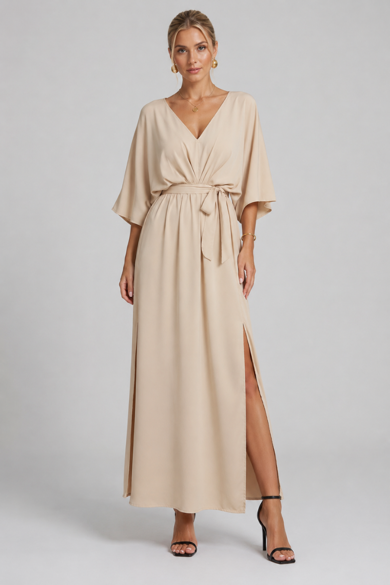 Damen V-Ausschnitt Maxikleid mit Fledermausärmeln, Bindegürtel und seitlichem Schlitz