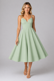 Women's V-Neck Midi Dress – Casual Mid Length Everyday Dress