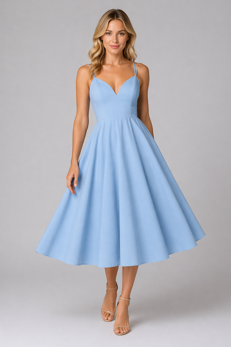 Women's V-Neck Midi Dress – Casual Mid Length Everyday Dress
