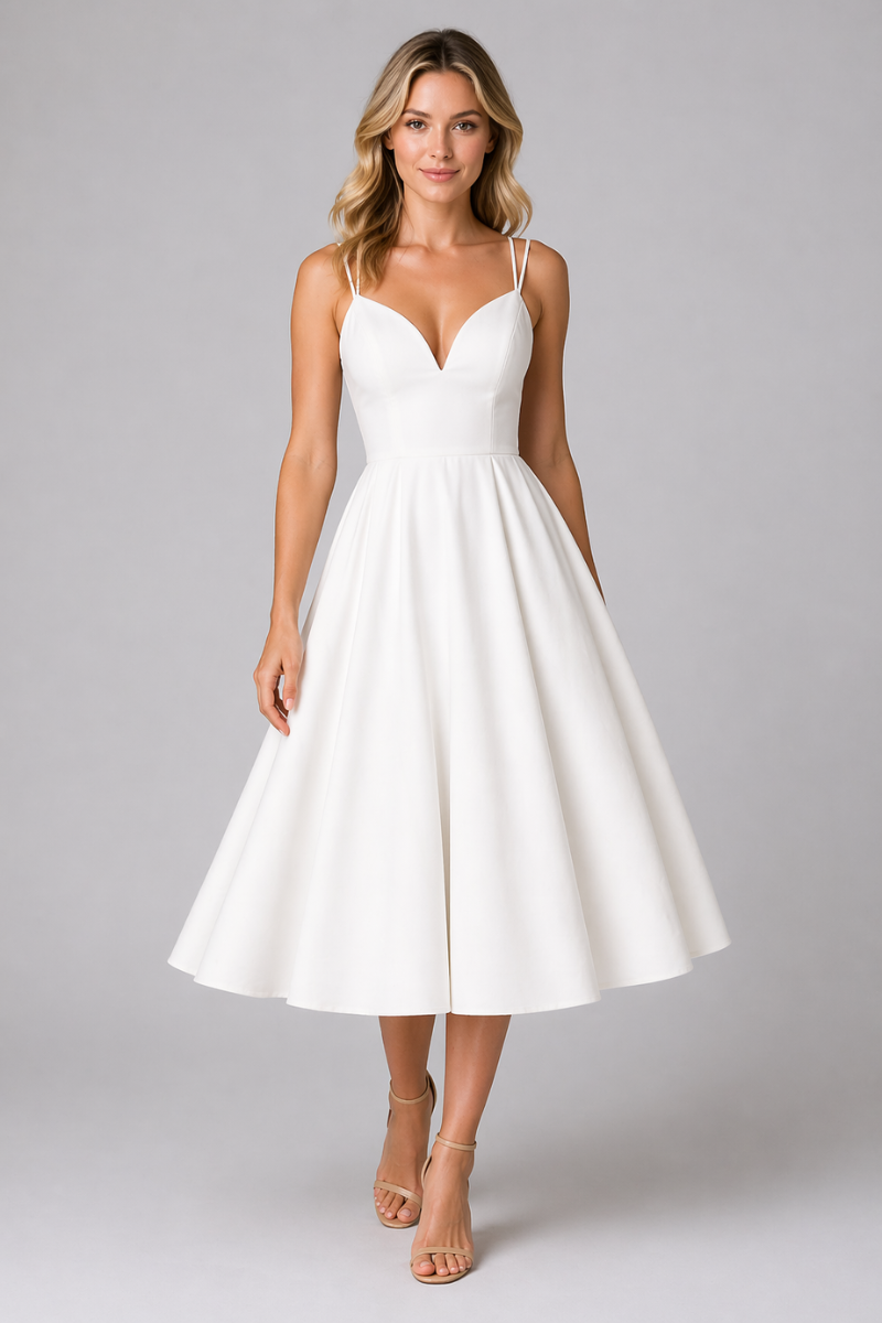 Women's V-Neck Midi Dress – Casual Mid Length Everyday Dress