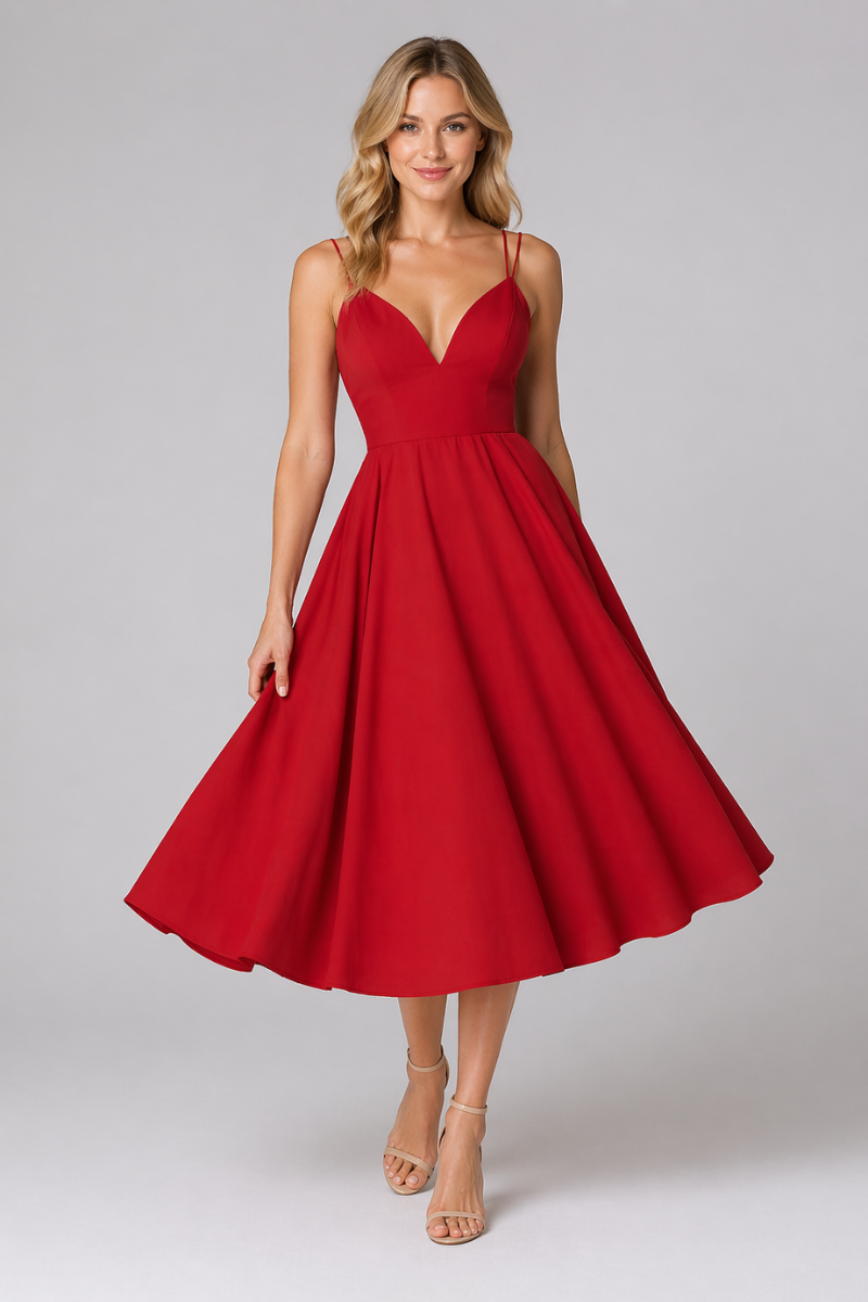 Women's V-Neck Midi Dress – Casual Mid Length Everyday Dress