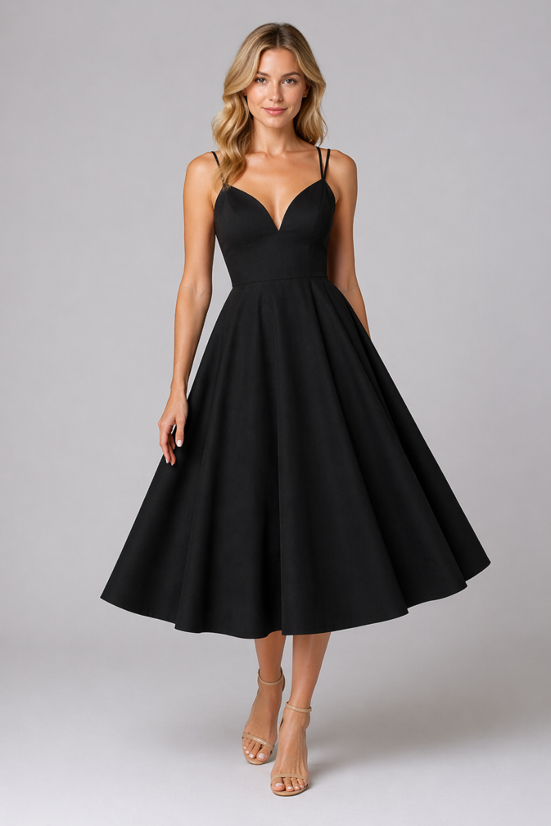 Women's V-Neck Midi Dress – Casual Mid Length Everyday Dress