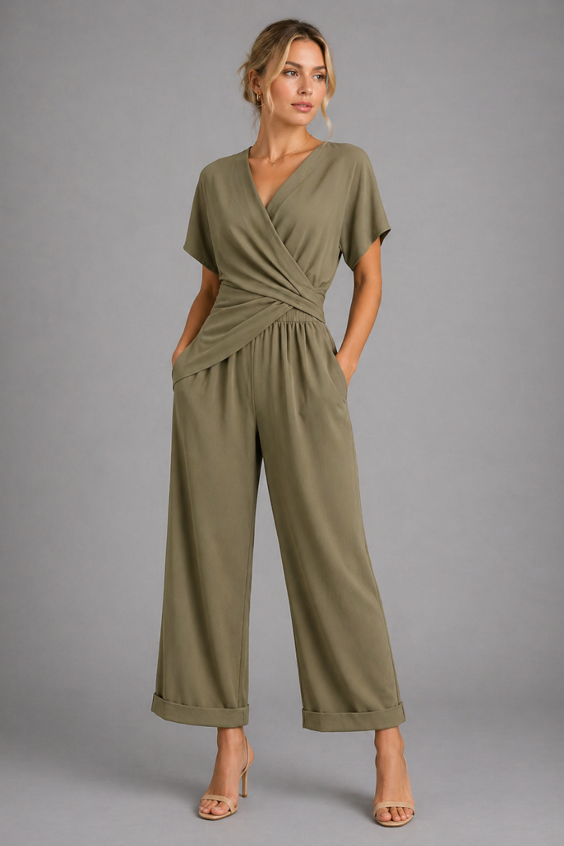 Women's V Neck Short Sleeve Regular Fit Jumpsuit Casual Summer One-Piece Outfit