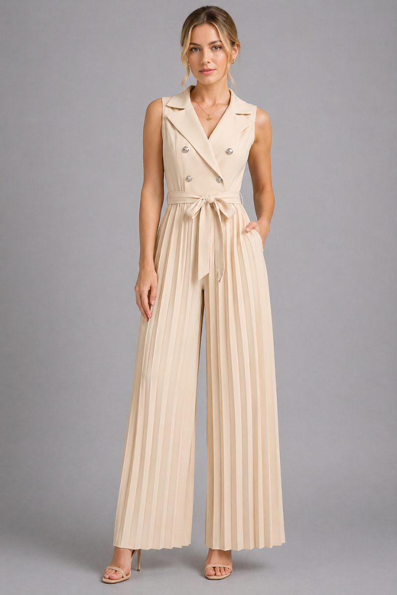 Women's V Neck Sleeveless Pleated Wide Leg Jumpsuit Work One-Piece Outfit