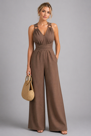Women's V Neck Tie Waist Wide Leg Jumpsuit One-Piece Summer Outfit