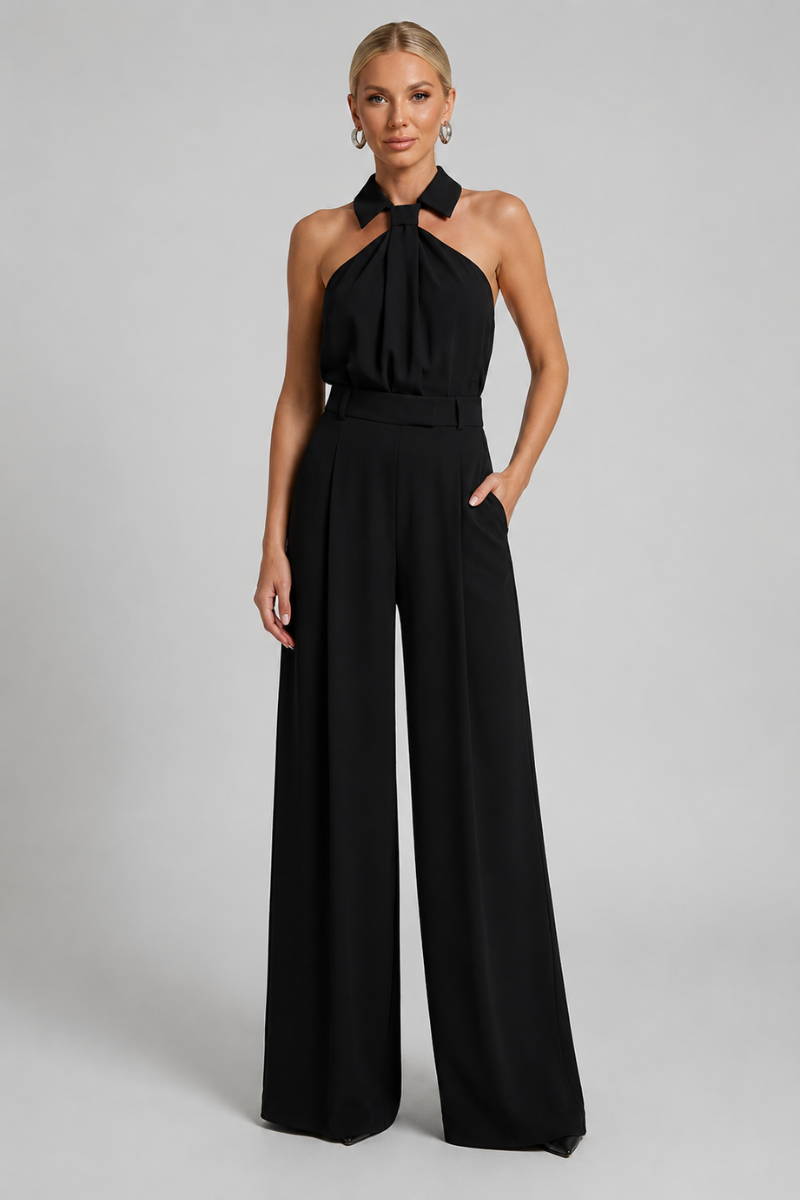 Damen Weitbeiniger Halter Neck Jumpsuit – Elegantes Anlassoutfit