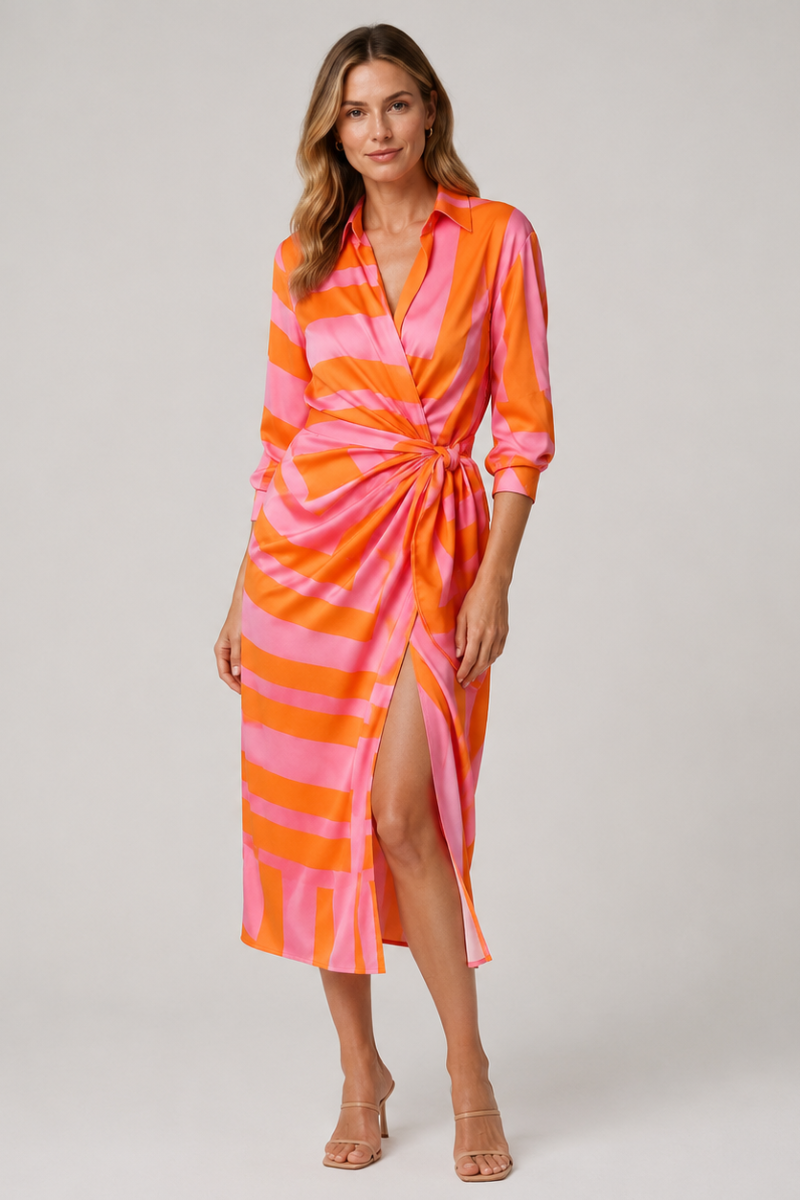 Women's Wrap Front Collared Summer Midi Dress