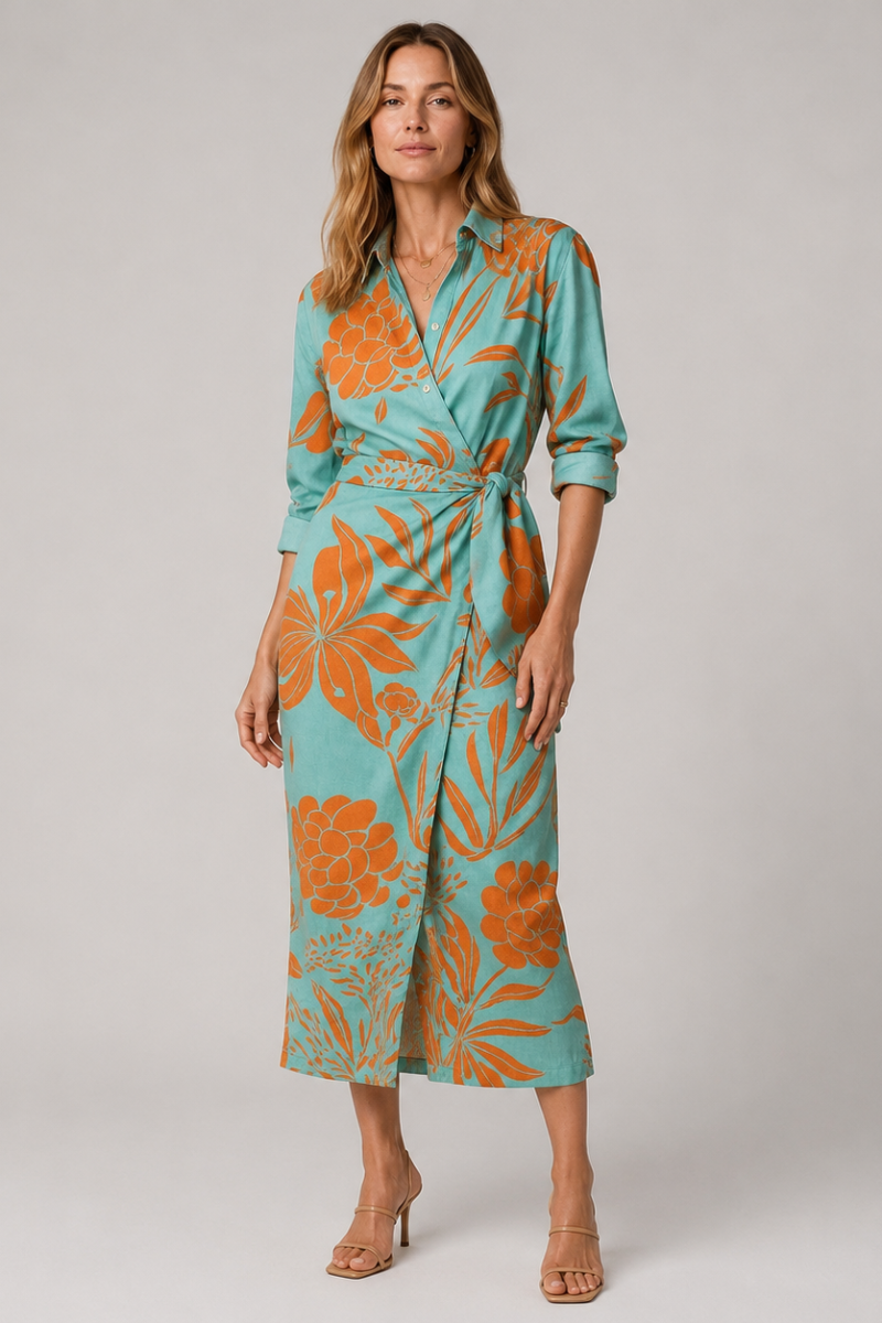Women's Wrap Front Collared Summer Midi Dress