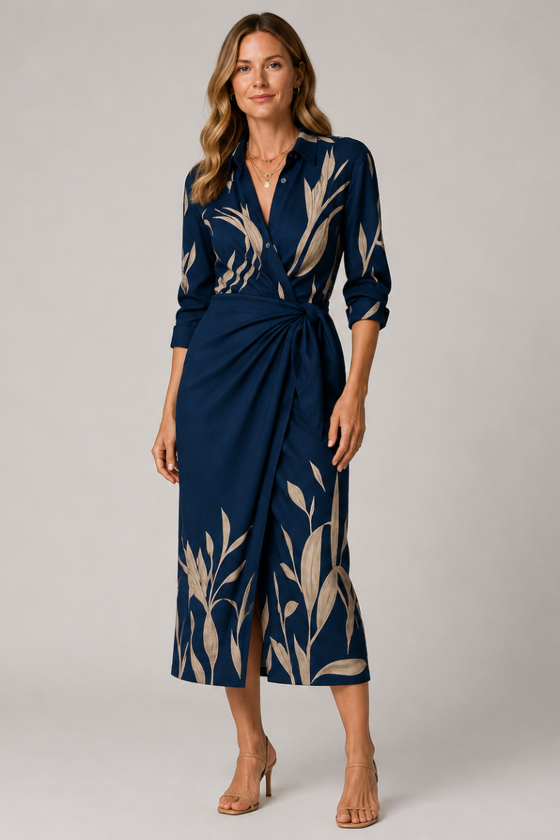 Women's Wrap Front Collared Summer Midi Dress