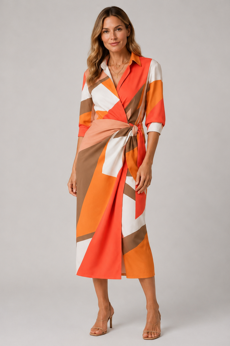 Women's Wrap Front Collared Summer Midi Dress