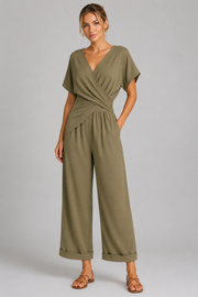 Women's Wrap V-Neck Cropped Jumpsuit – Elegant Wide Leg Occasion Outfit