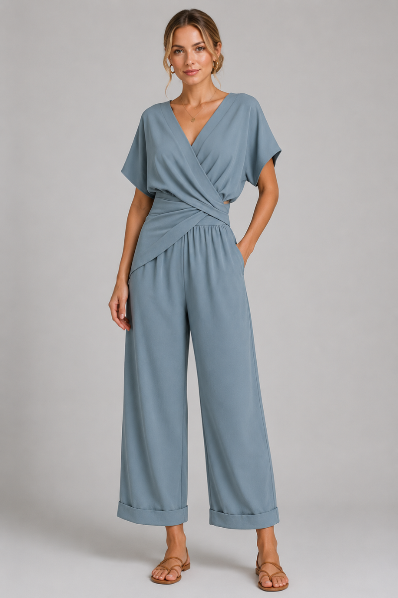 Women's Wrap V-Neck Cropped Jumpsuit – Elegant Wide Leg Occasion Outfit