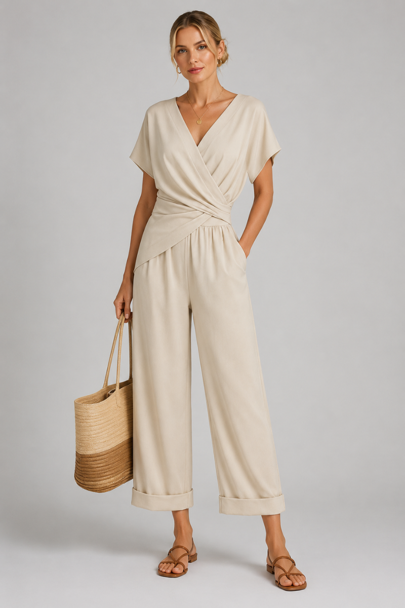 Women's Wrap V-Neck Cropped Jumpsuit – Elegant Wide Leg Occasion Outfit