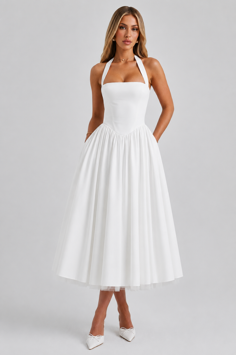 Women's Backless Halter Neck Midi Dress – Elegant Party Occasion Dress