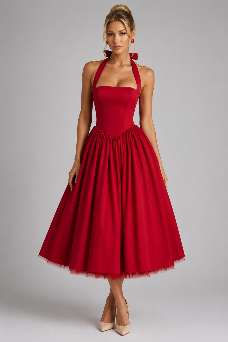 Women's Backless Halter Neck Midi Dress – Elegant Party Occasion Dress