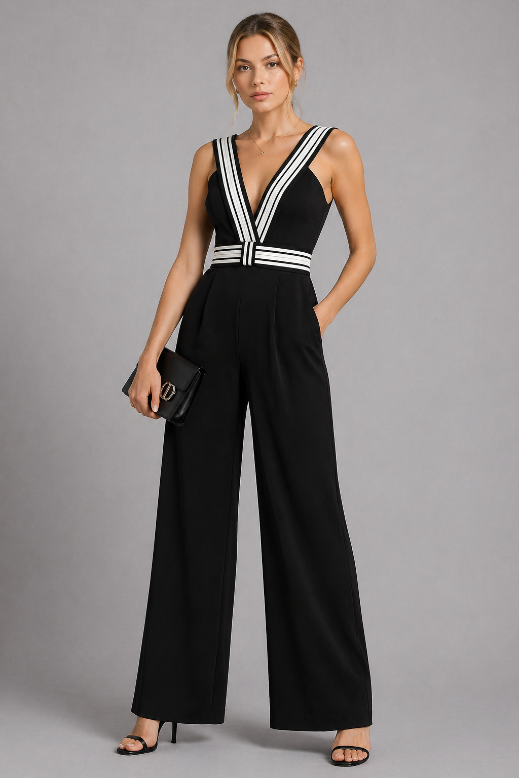 Women's Black Camisole Strap Wide Leg Jumpsuit Formal Office One-Piece Outfit