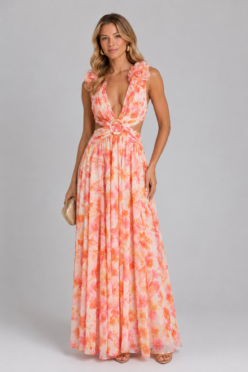Women's Floral V Neck Maxi Dress – Elegant Summer Occasion Dress
