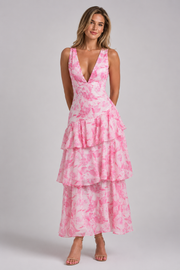 Women's Floral V Neck Tiered Maxi Dress – Elegant Summer Occasion Dress
