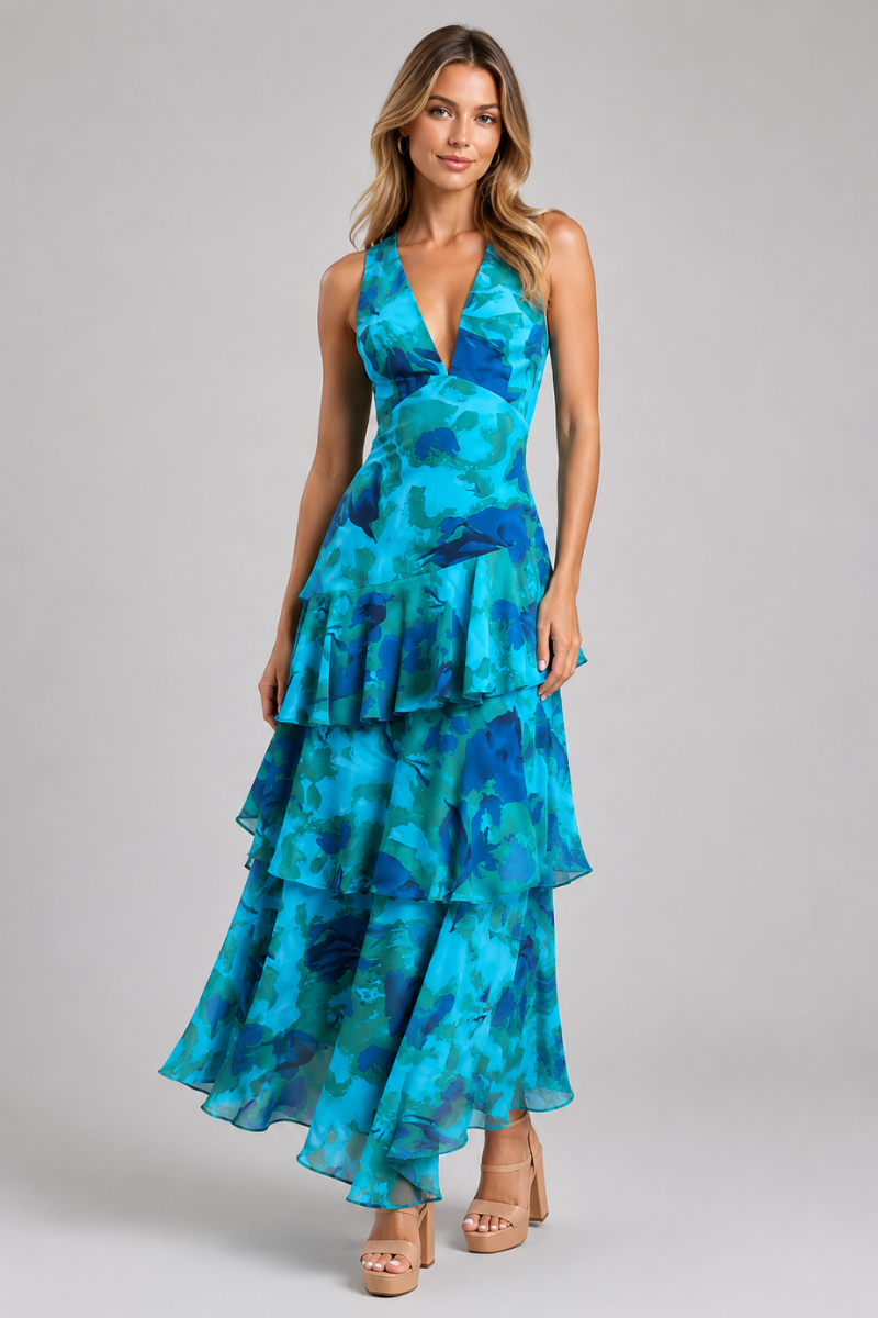 Women's Floral V Neck Tiered Maxi Dress – Elegant Summer Occasion Dress
