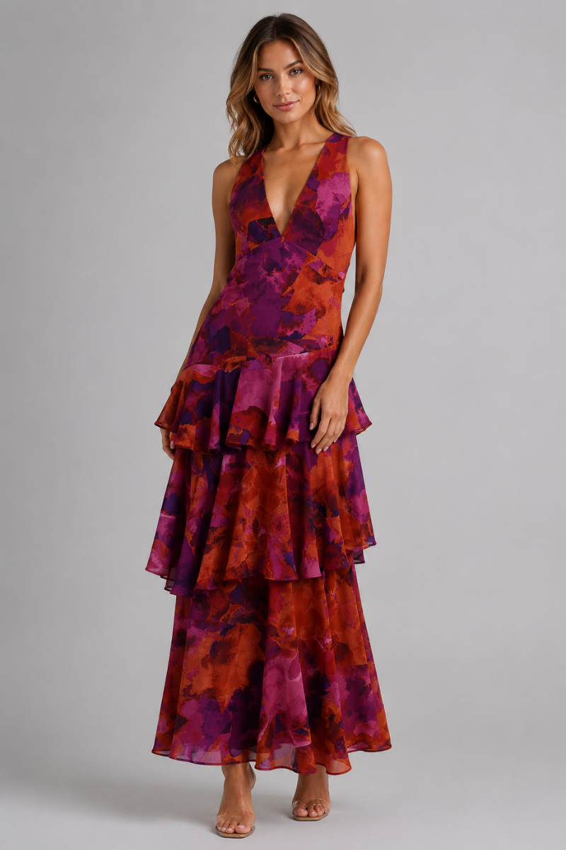 Women's Floral V Neck Tiered Maxi Dress – Elegant Summer Occasion Dress