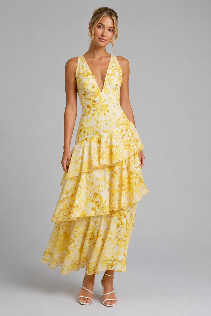 Women's Floral V Neck Tiered Maxi Dress – Elegant Summer Occasion Dress