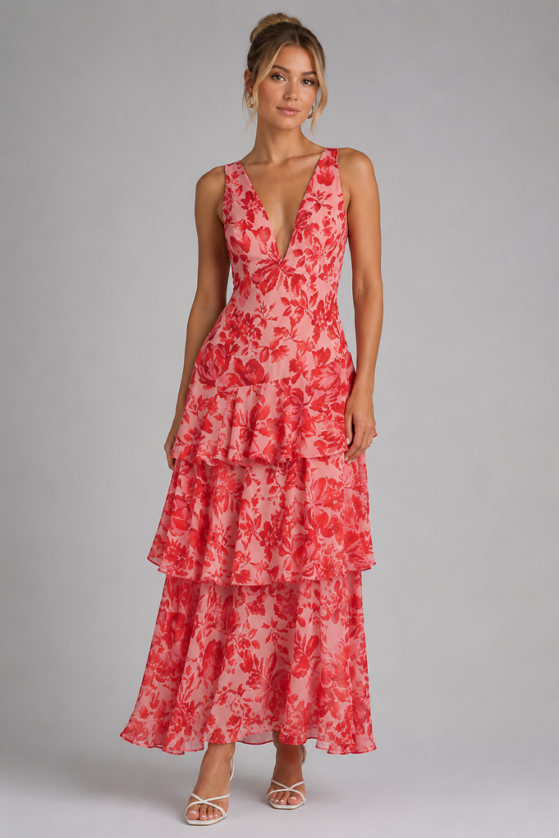 Women's Floral V Neck Tiered Maxi Dress – Elegant Summer Occasion Dress