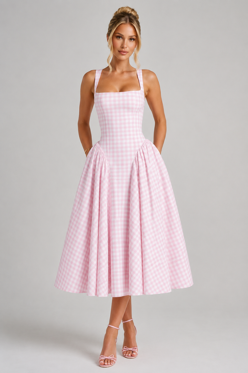 Women's Gingham Square Neck Midi Dress – Casual Summer Occasion Dress