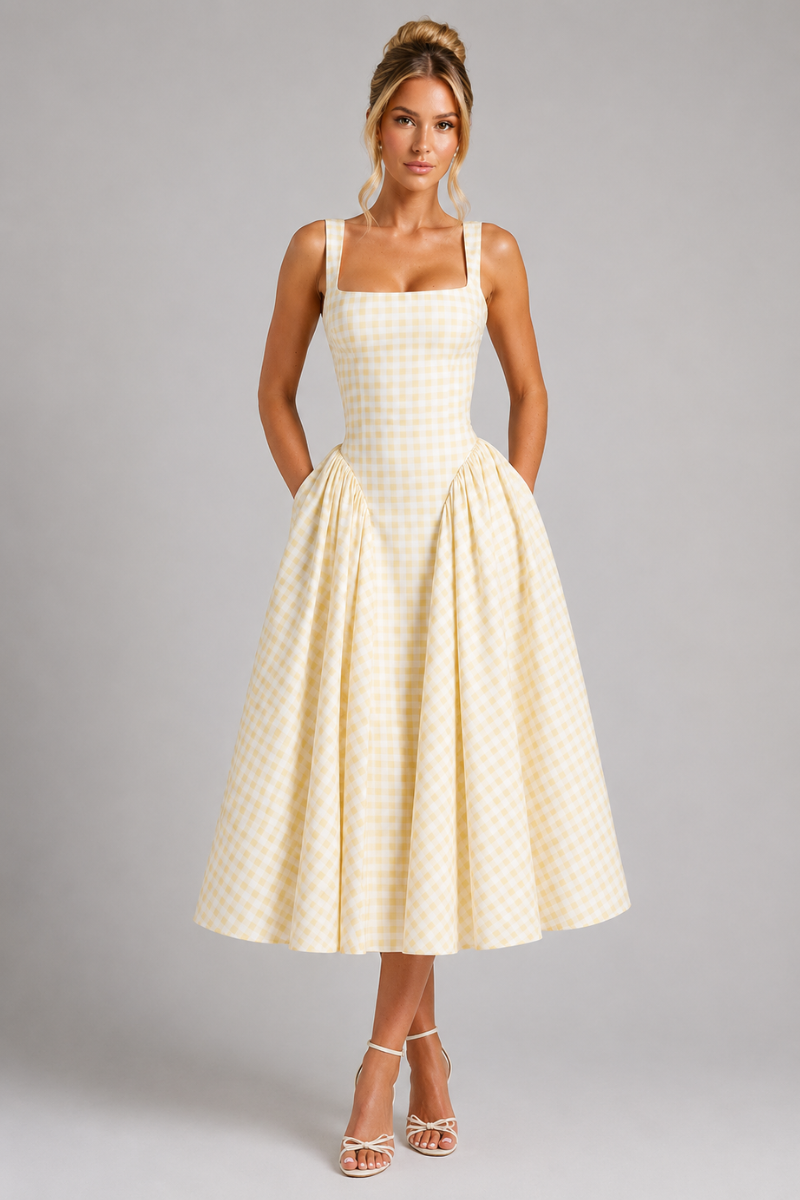Women's Gingham Square Neck Midi Dress – Casual Summer Occasion Dress