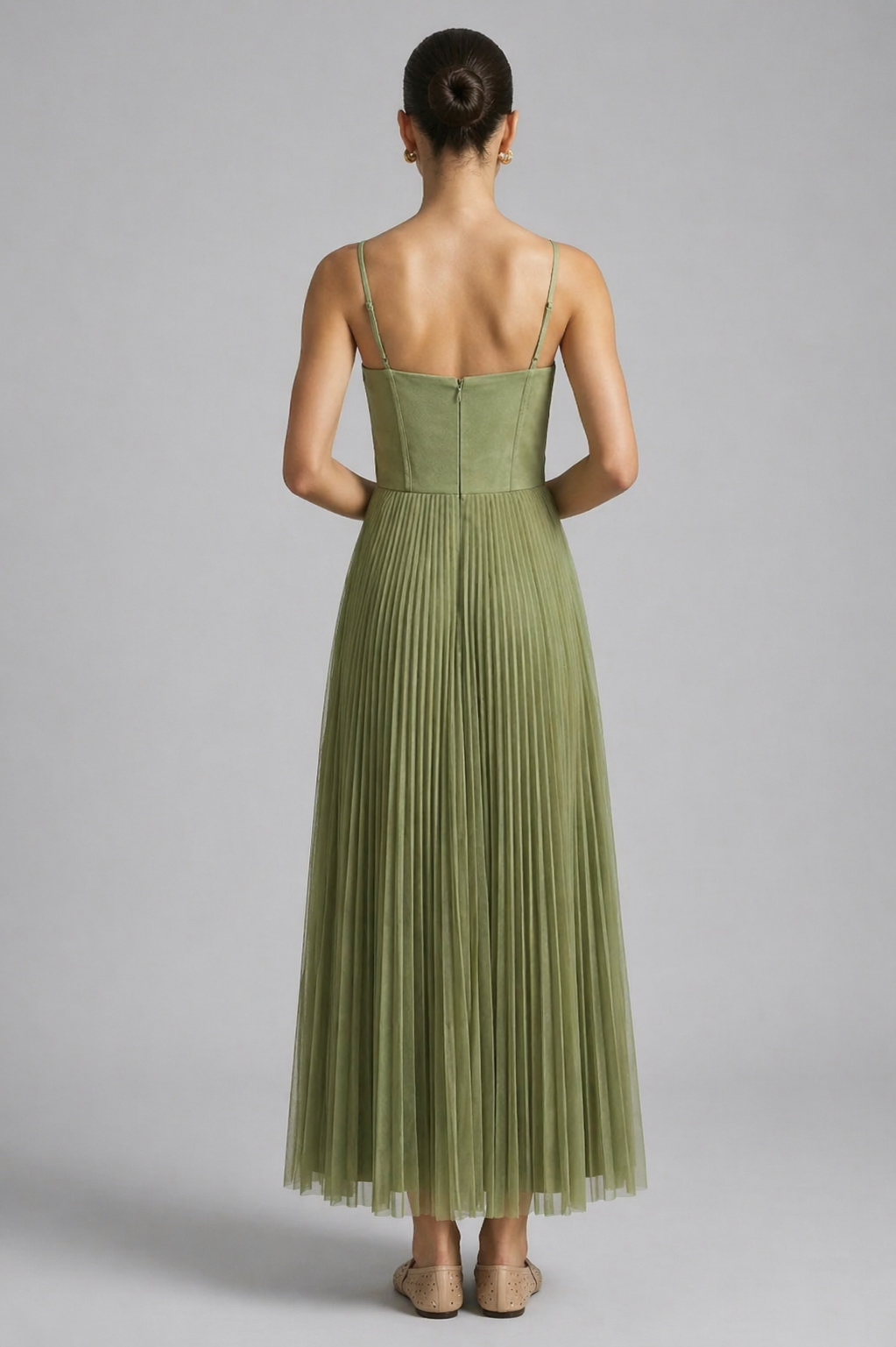 Women's Green Pleated Fit and Flare Midi Dress - Cocktail Evening Dress