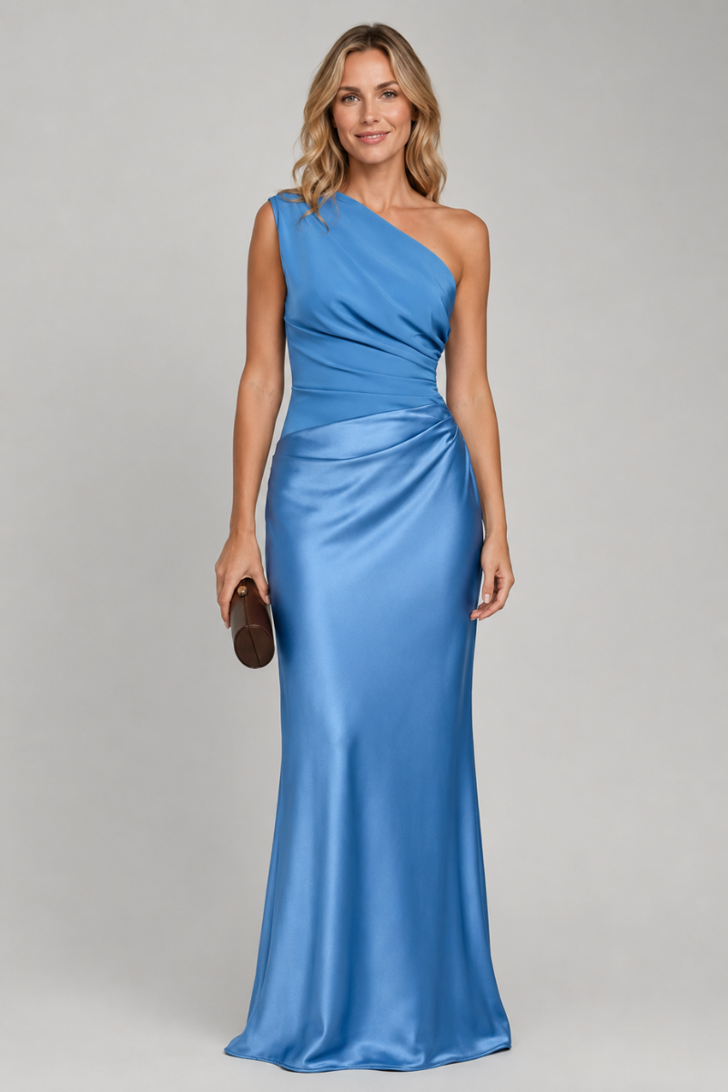 Women's One Shoulder Draped Satin Maxi Dress – Elegant Evening Occasion Dress