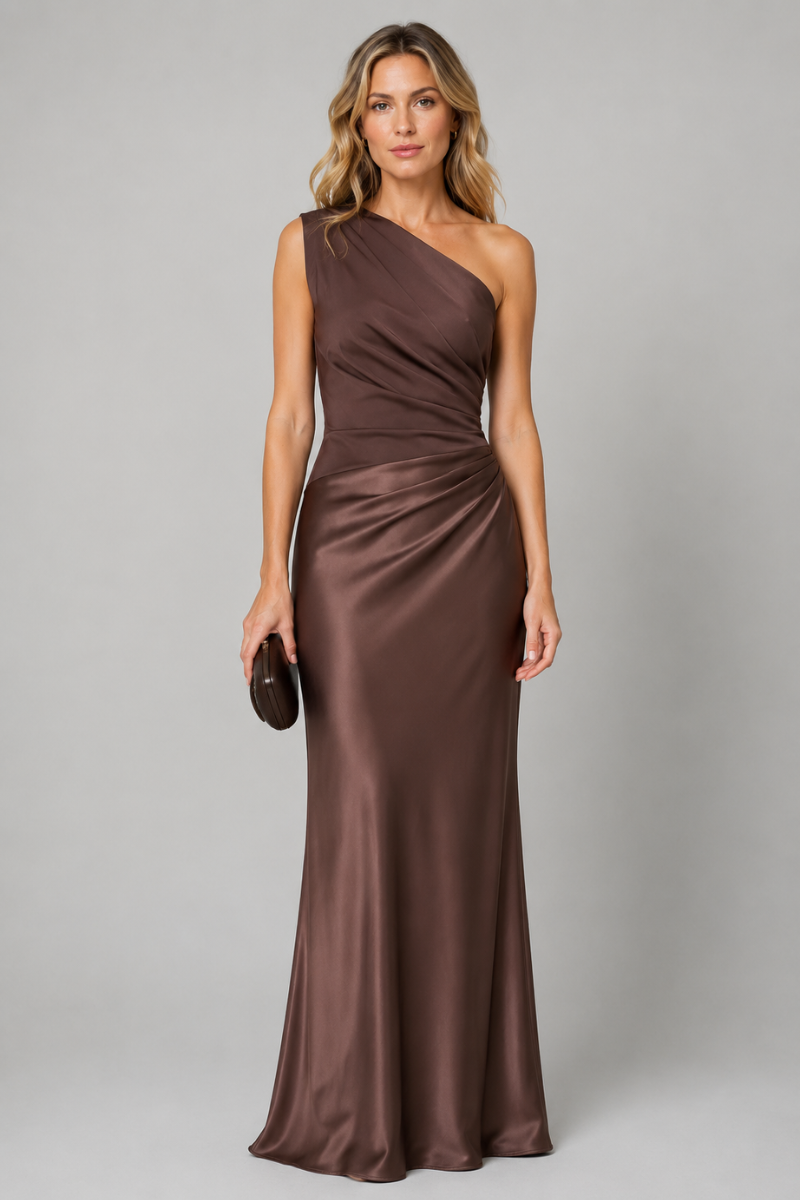 Women's One Shoulder Draped Satin Maxi Dress – Elegant Evening Occasion Dress