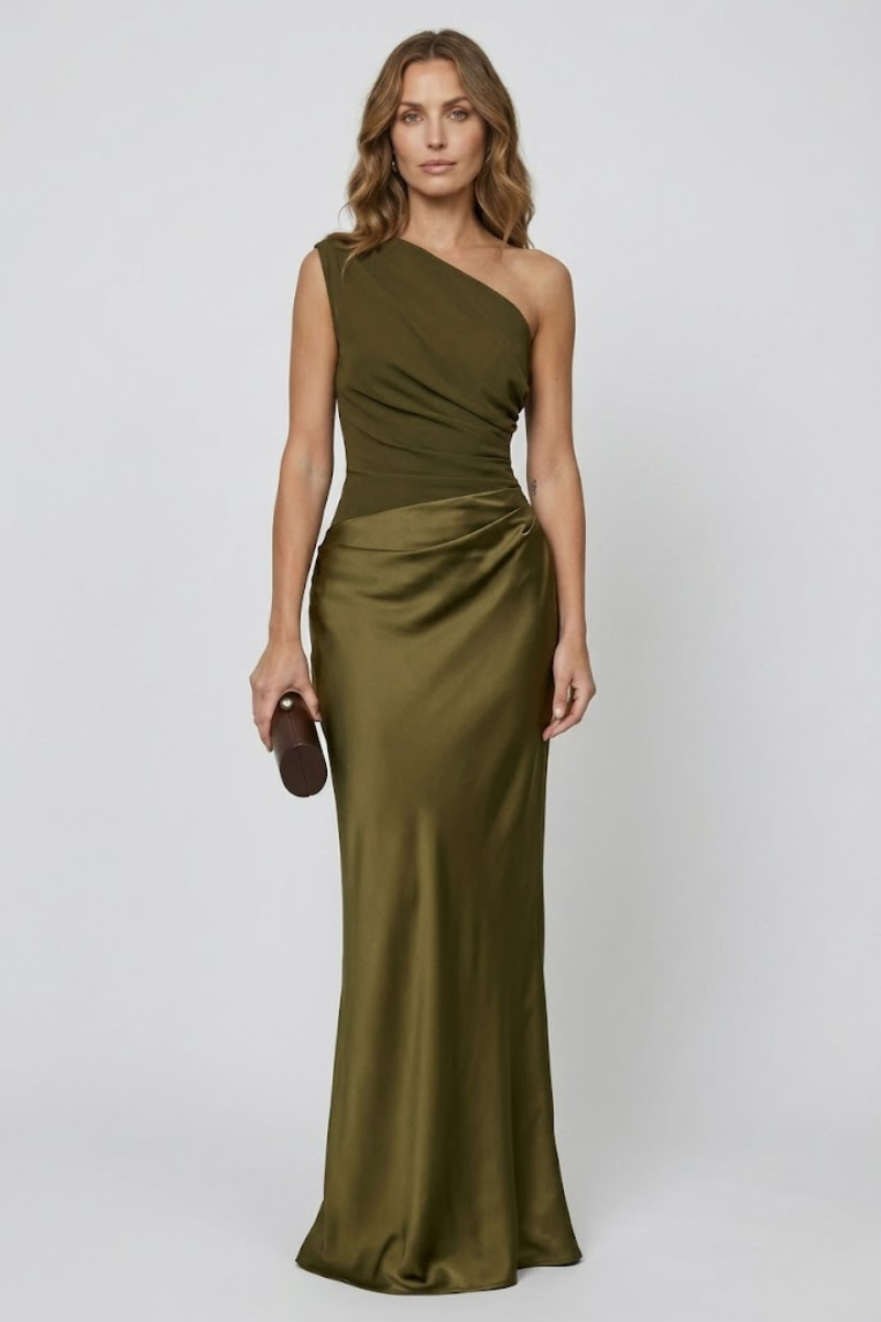 Women's One Shoulder Draped Satin Maxi Dress – Elegant Evening Occasion Dress