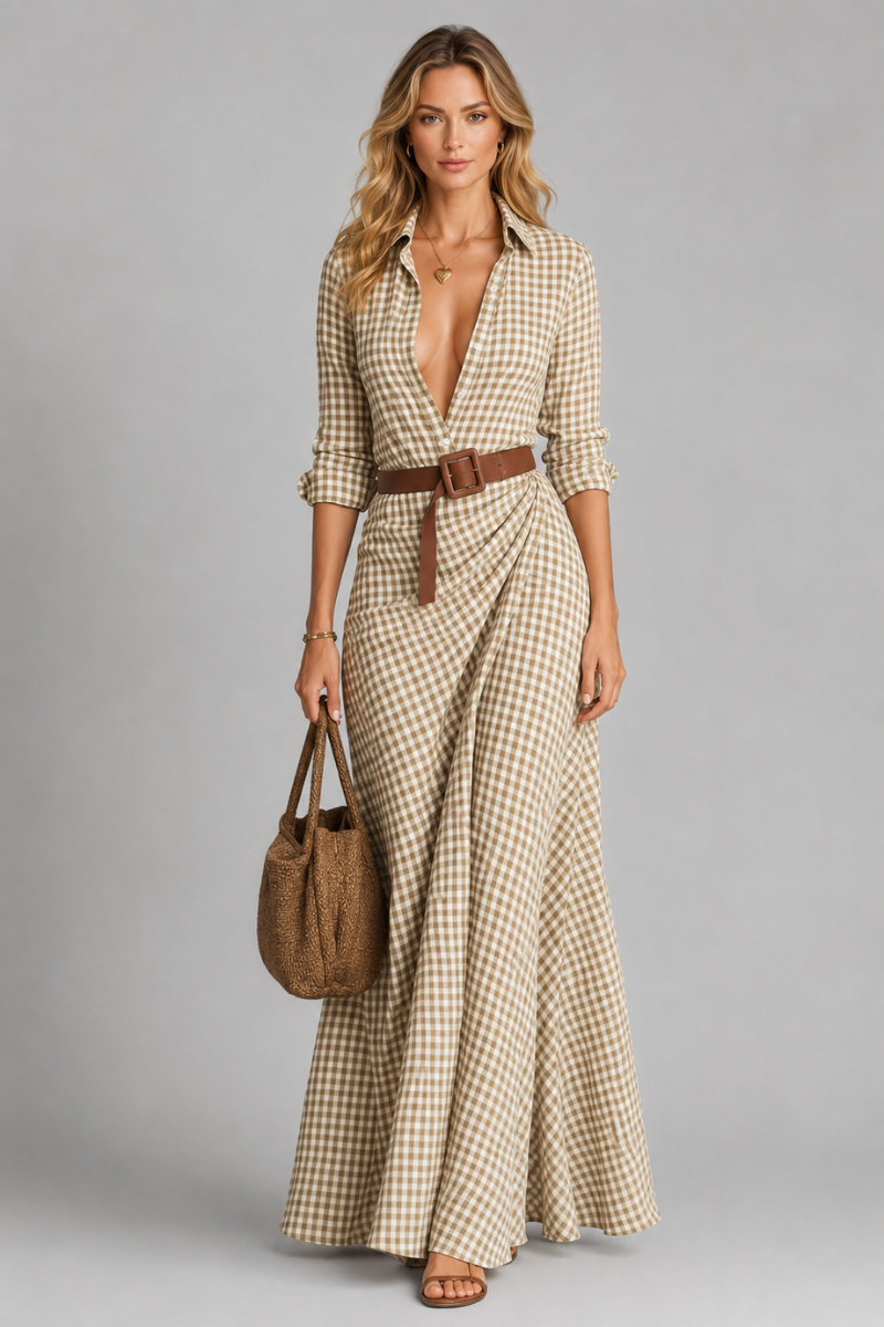 Women's Printed V Neck Belted Maxi Dress – Elegant Long Sleeve Occasion Dress