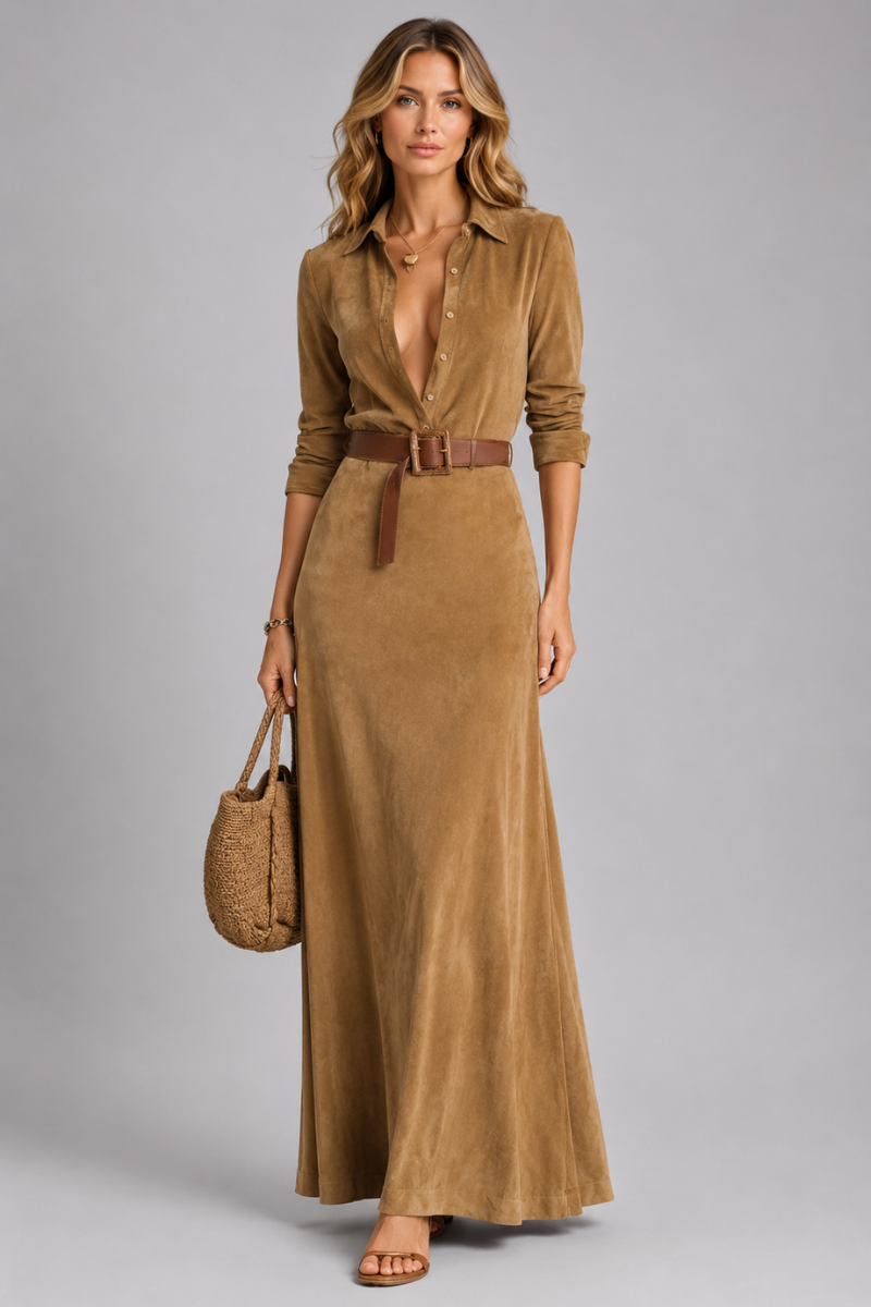Women's Printed V Neck Belted Maxi Dress – Elegant Long Sleeve Occasion Dress
