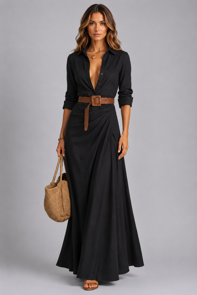 Women's Printed V Neck Belted Maxi Dress – Elegant Long Sleeve Occasion Dress