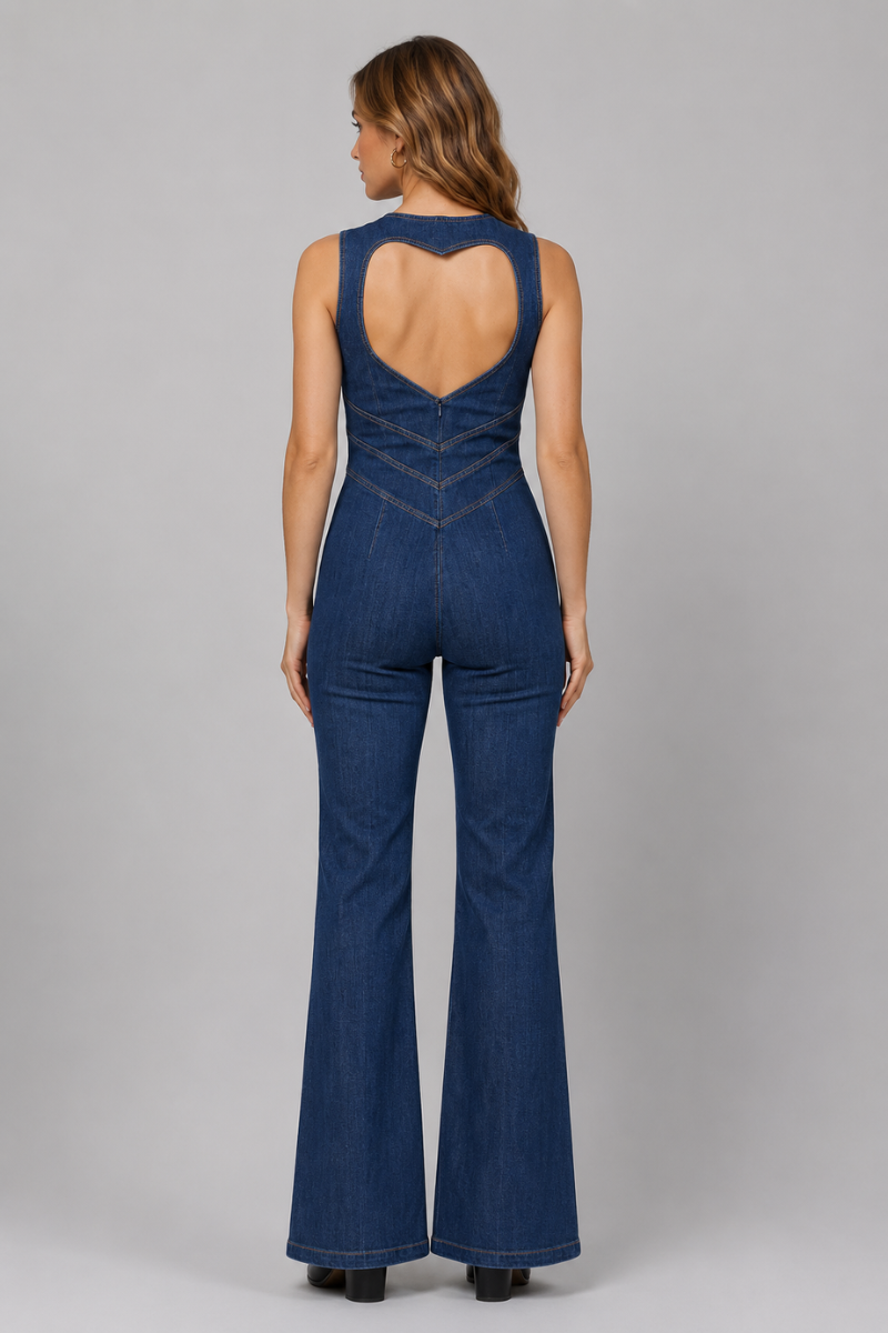 Women's Sleeveless Denim Jumpsuit with Heart Cut-Out Back – Casual Fashion Outfit