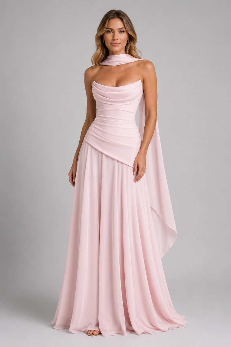 Women's Strapless Cowl Neck Maxi Dress – Elegant Evening Occasion Dress