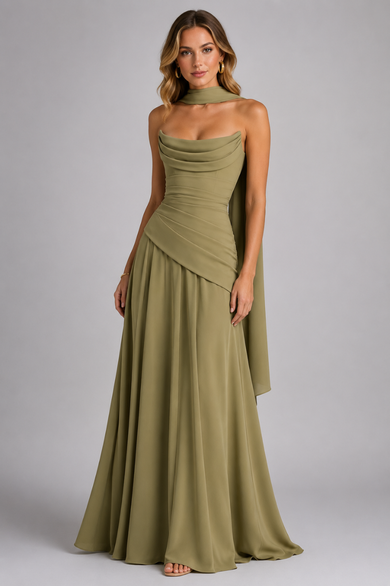 Women's Strapless Cowl Neck Maxi Dress – Elegant Evening Occasion Dress